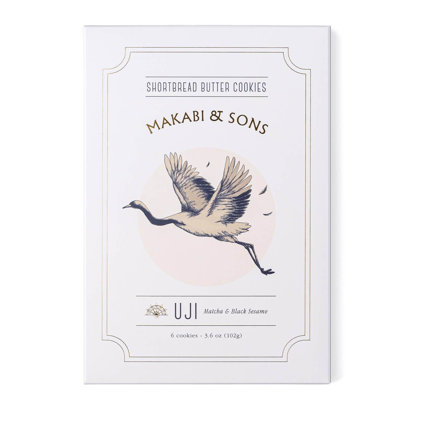 Shortbread cookie box with bird and Uji matcha & black sesame label