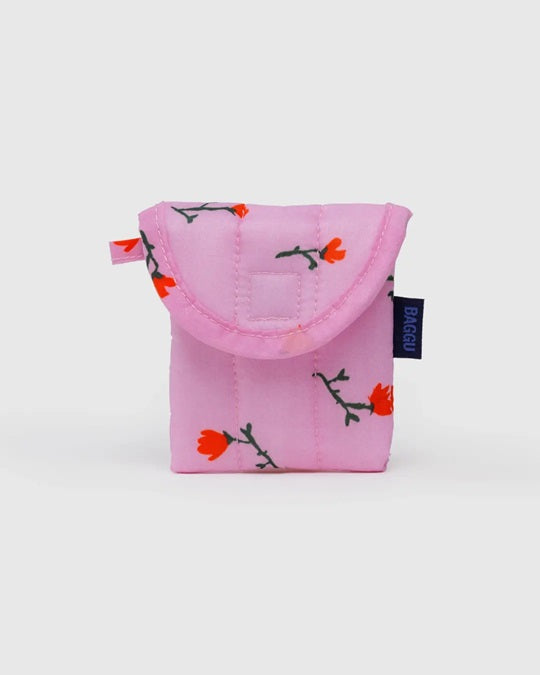 Pink puffy earbuds case with bird print, snap front flap, black label tag