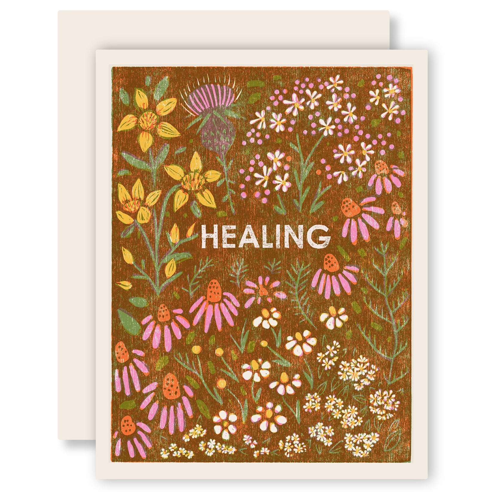 Sympathy greeting card with colorful herb garden illustration and 'HEALING' text
