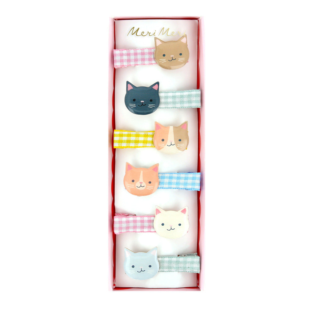 Pastel striped kitten face hair clips set in a gift box