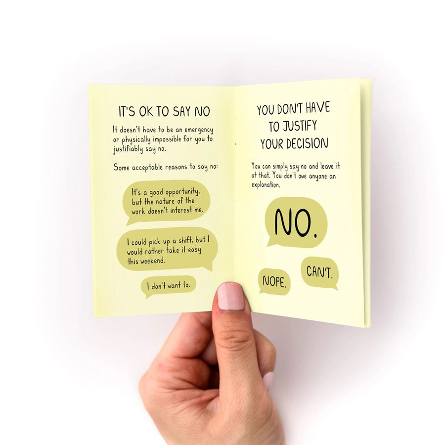 Open zine spread with text panels and speech bubbles: 'NO', 'CAN'T', 'NOPE'