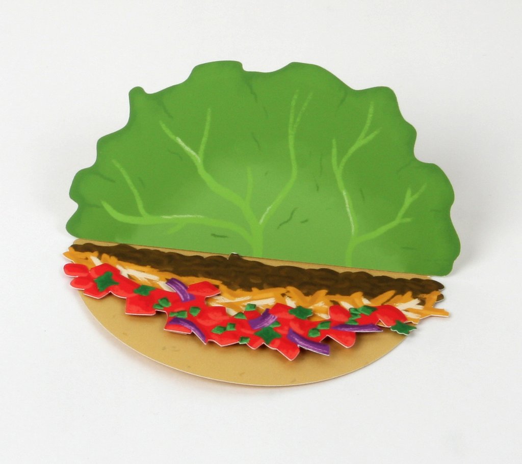 Pop-up taco greeting card with green lettuce, shell, and colorful filling cutouts
