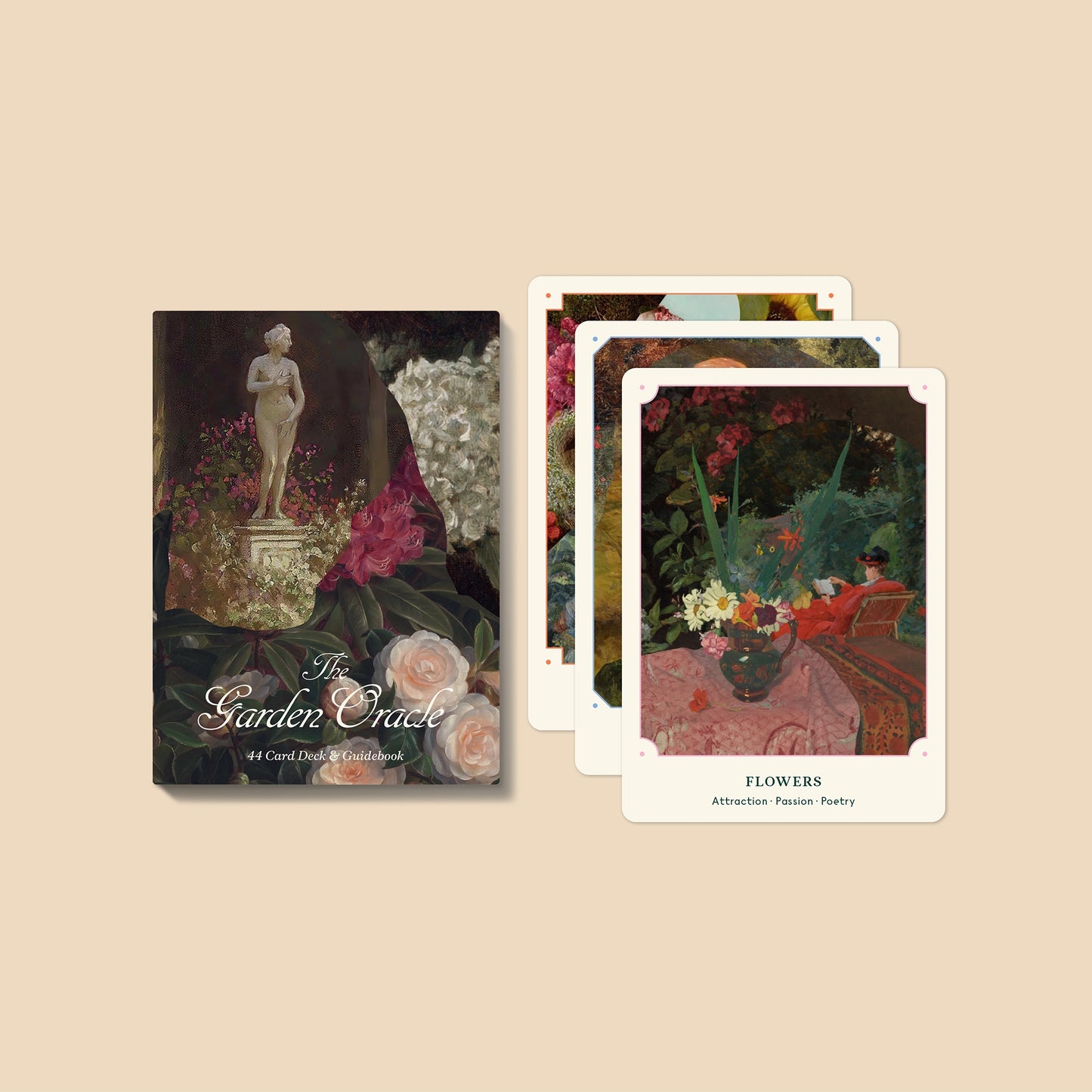 Oracle guidebook cover with stacked card deck and floral garden artwork