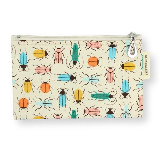 Beige cotton coin purse with colorful beetle pattern and zip closure