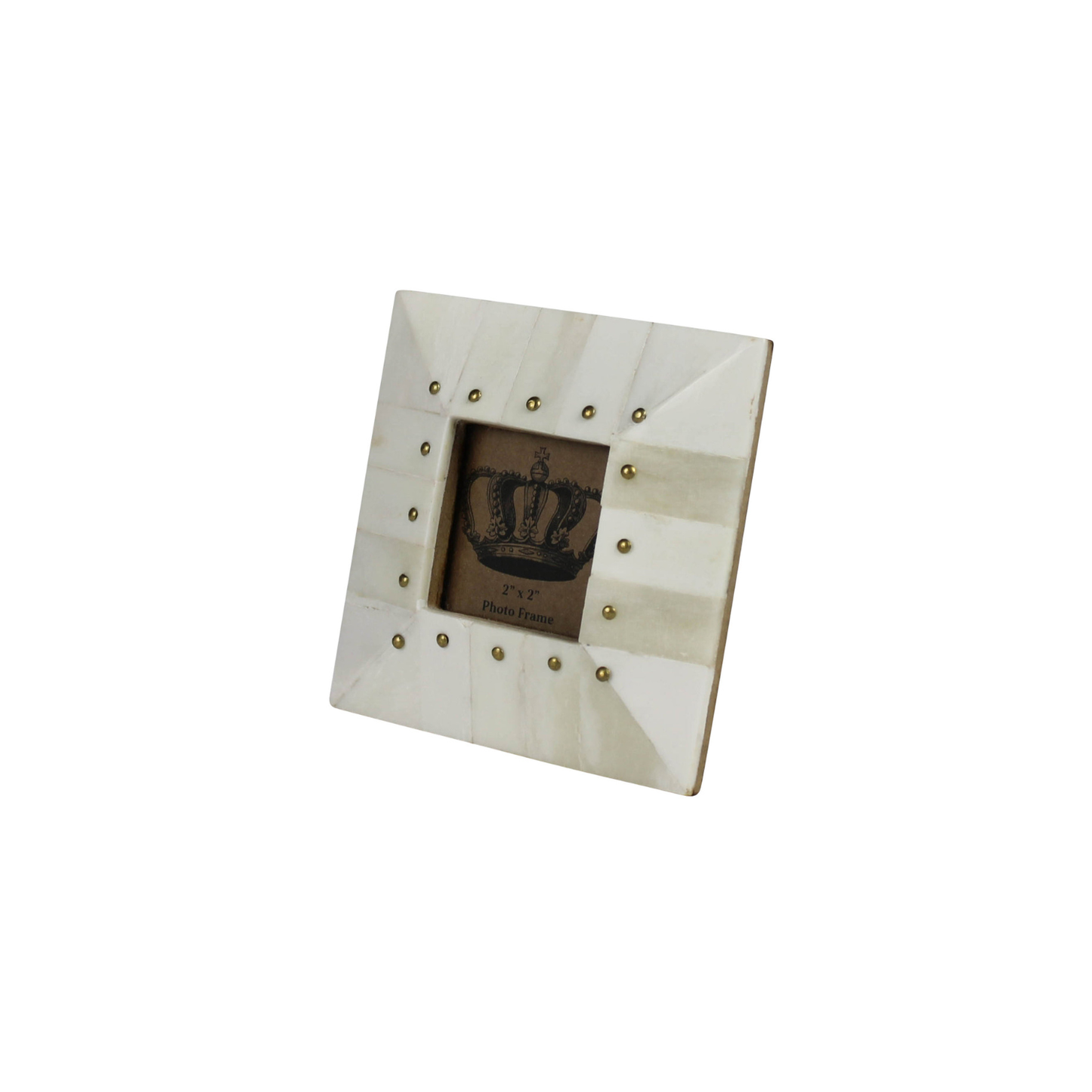 Square bone photo frame with brass rivets and dark crown inset