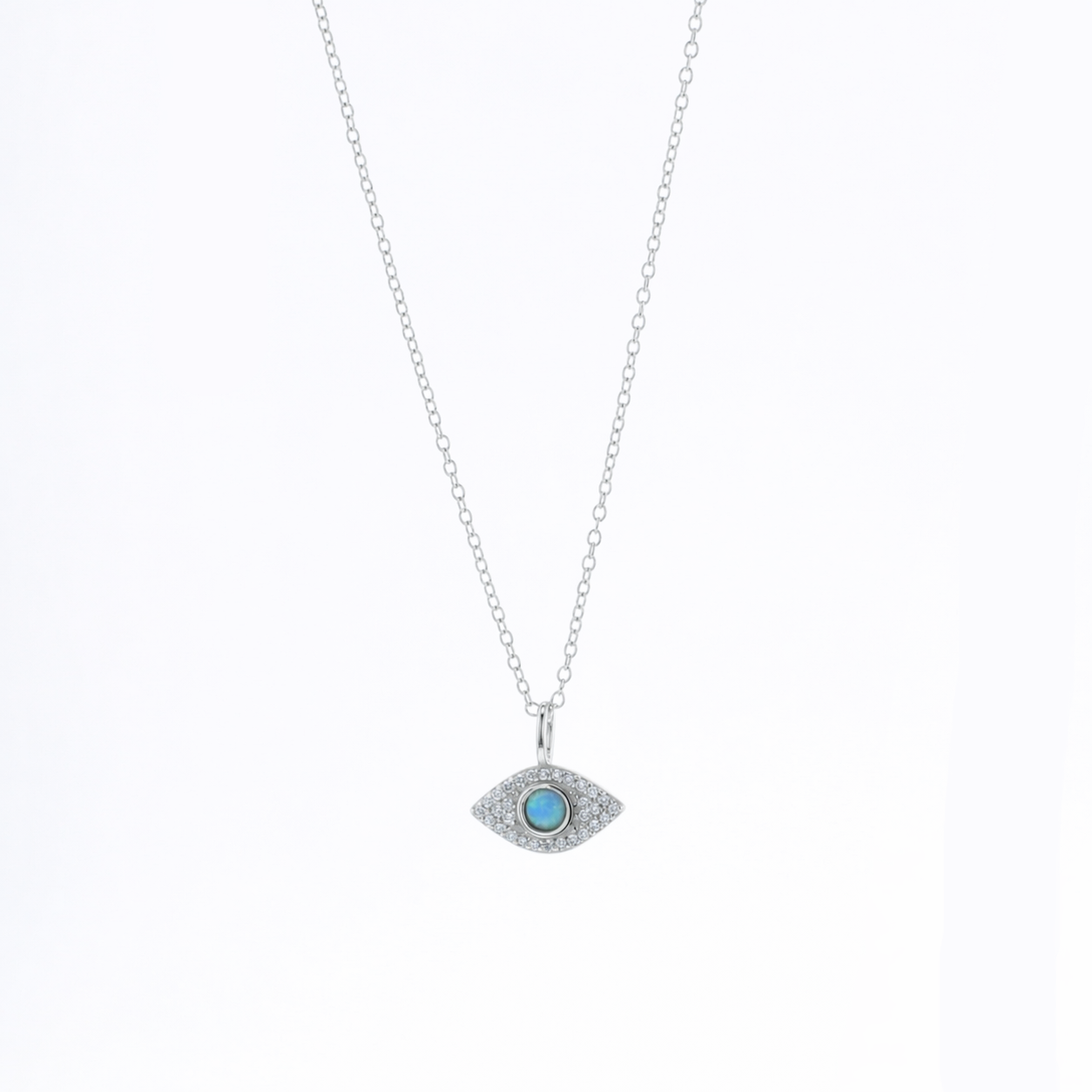 Silver necklace with teardrop evil-eye pendant and blue cabochon