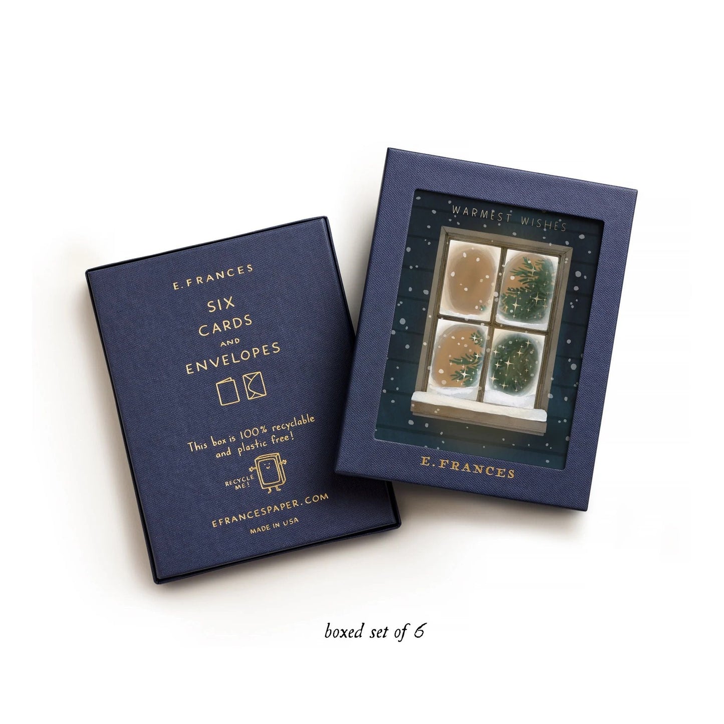 Boxed set of 6 dark blue holiday cards featuring a frosted window scene