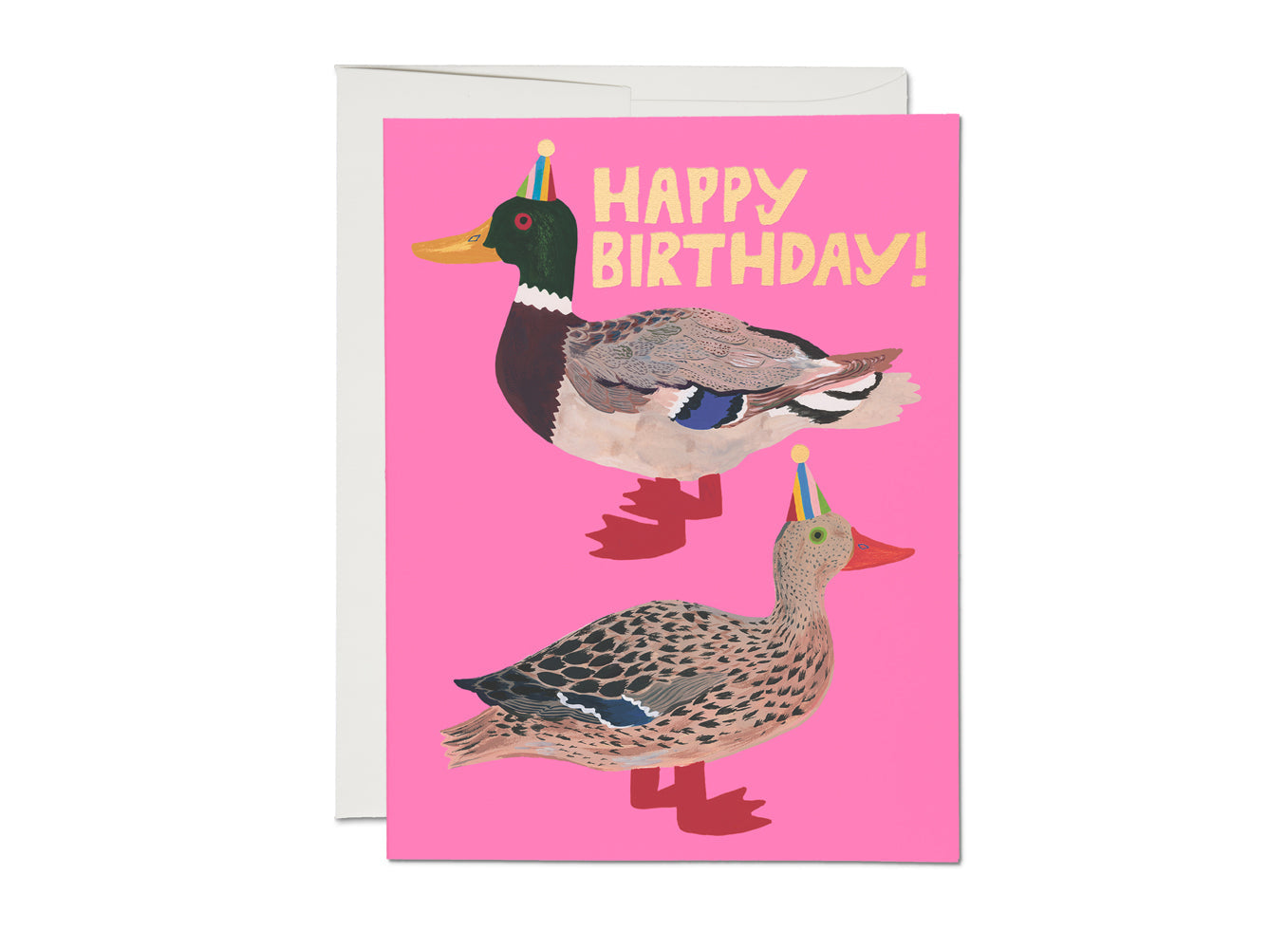 Pink birthday card with duck illustration and foil-style HAPPY BIRTHDAY!