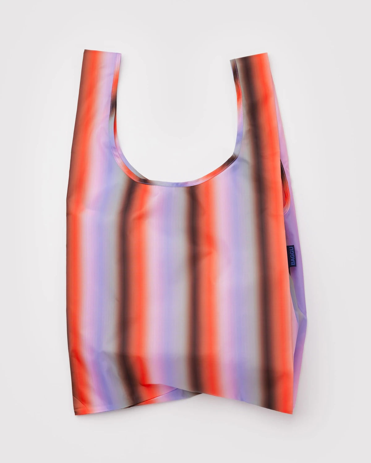 Baggu reusable tote bag, iridescent red–blue striped fabric with open top