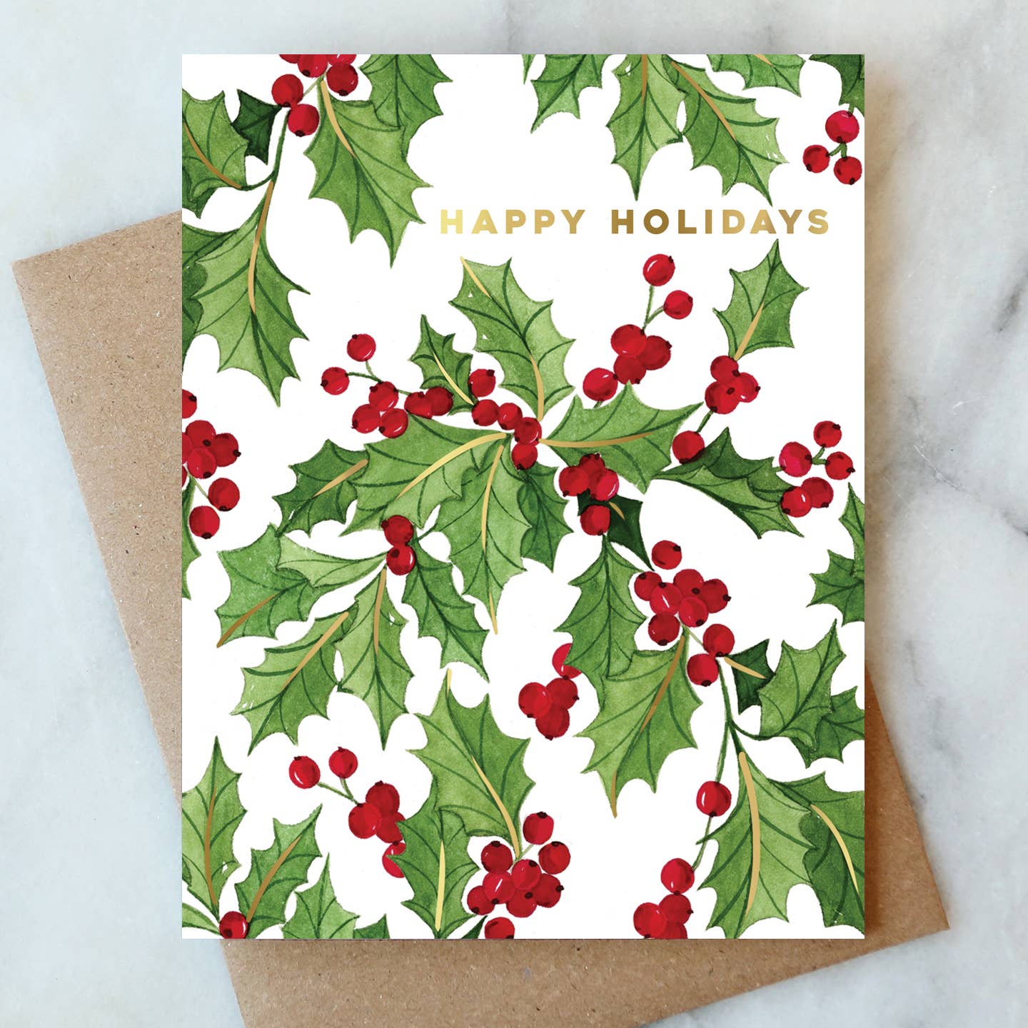 Holly holiday card with green leaves, red berries, and “HAPPY HOLIDAYS” text