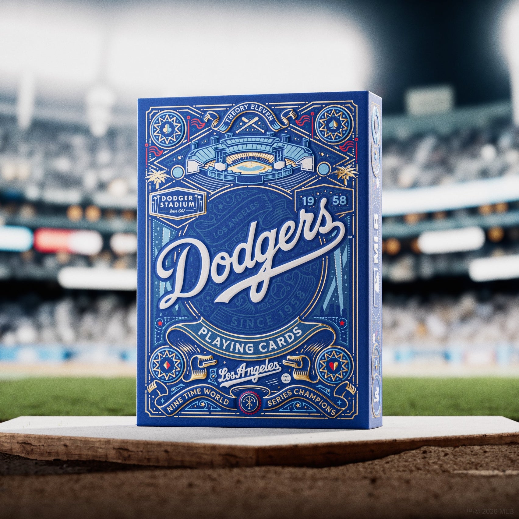 Blue Los Angeles Dodgers playing cards box with Dodgers logo and ornate border