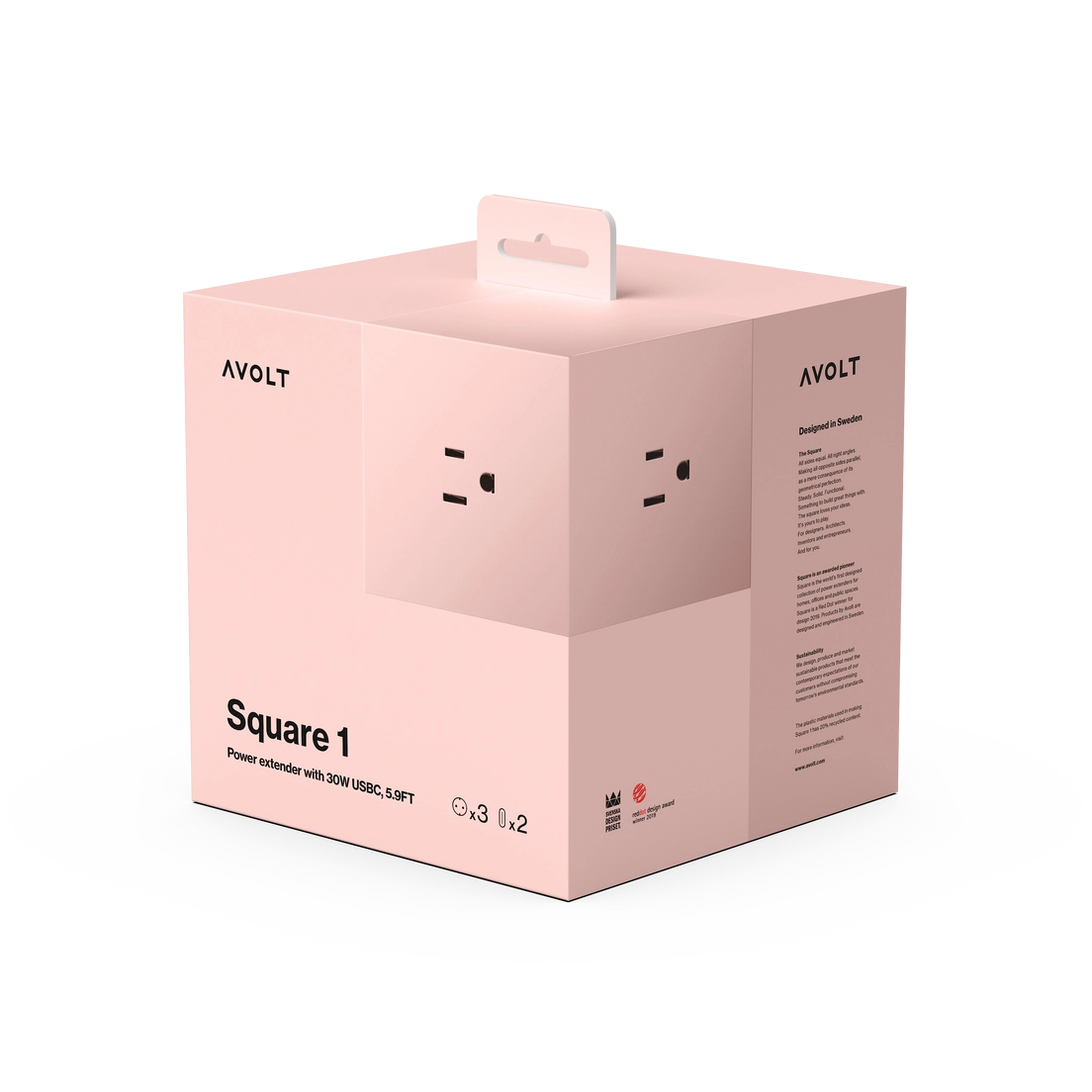 Square 1 extension cord retail box in blush pink with power outlets