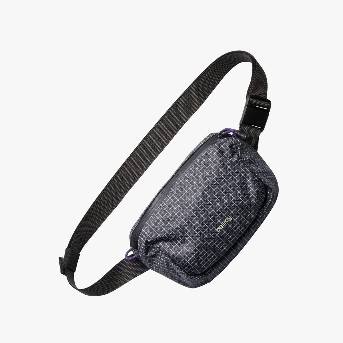 Black patterned belt bag with adjustable strap and front logo patch