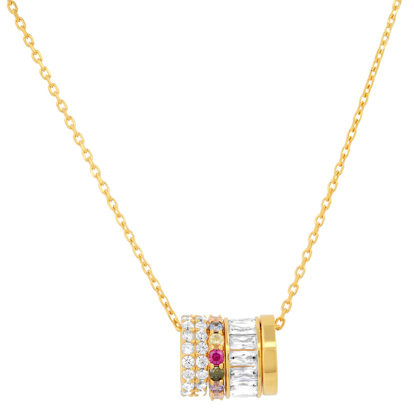 Gold vermeil necklace with CZ-encrusted rainbow rondelle pendant and magenta center stone