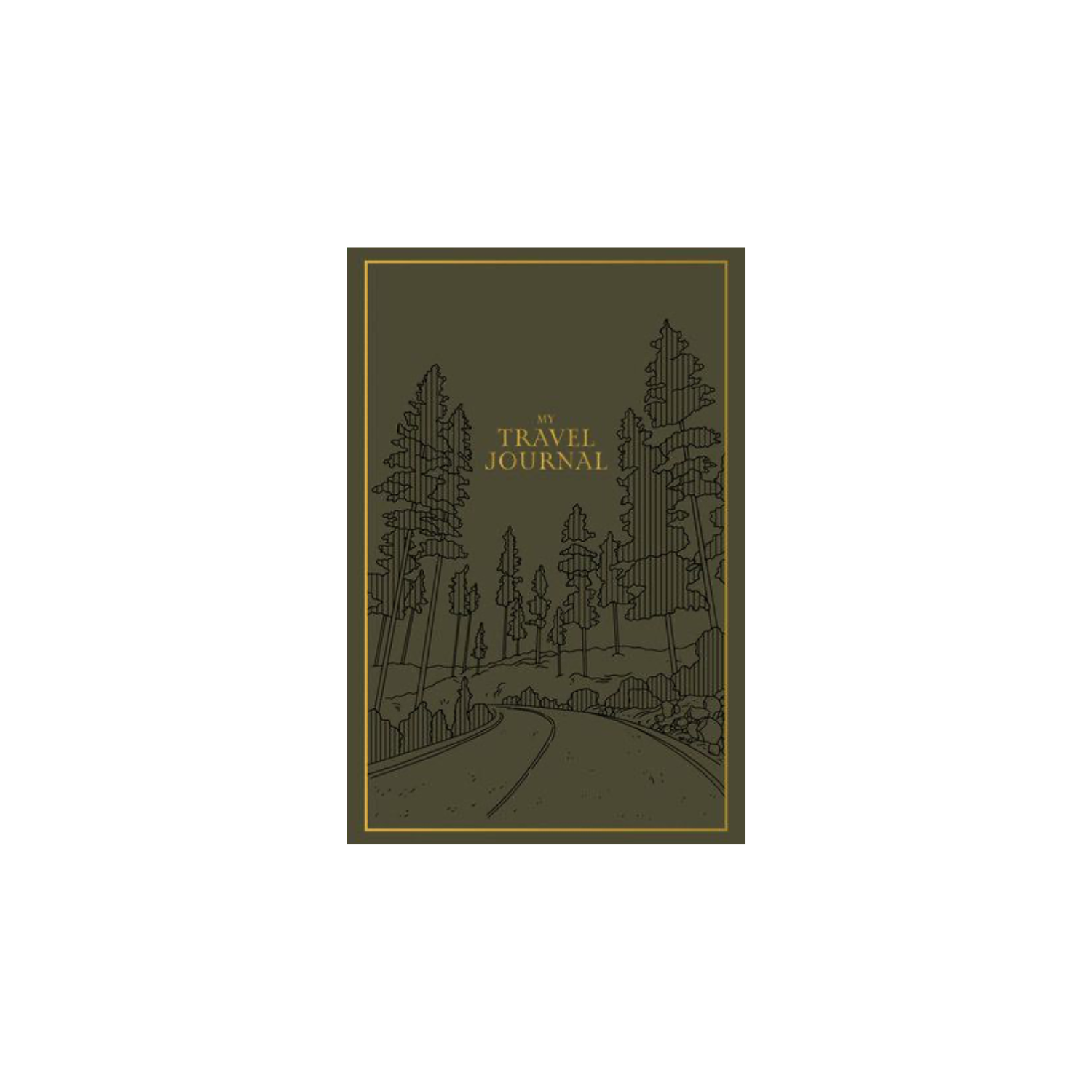 Olive travel journal cover with line art pine trees and winding road, embossed title