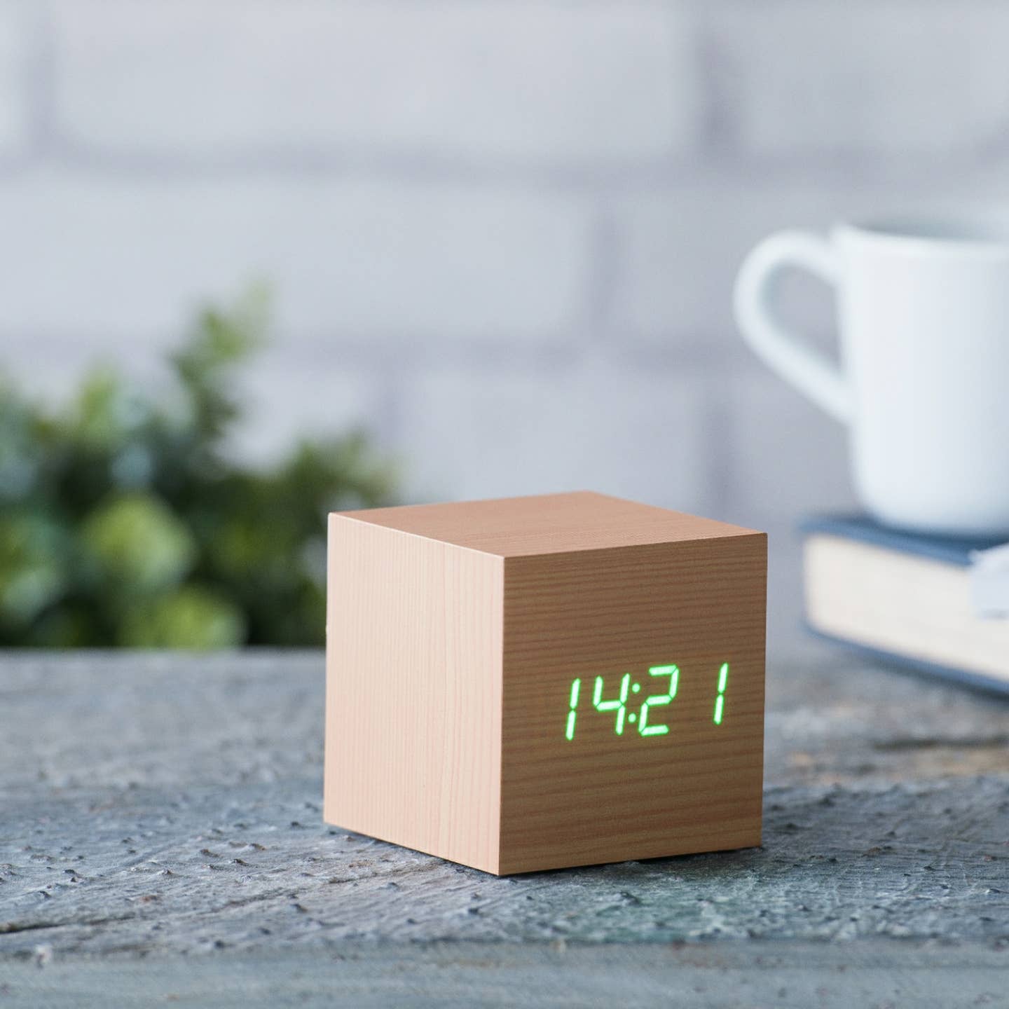 Beech wooden cube clock with green LED display, time 14:21