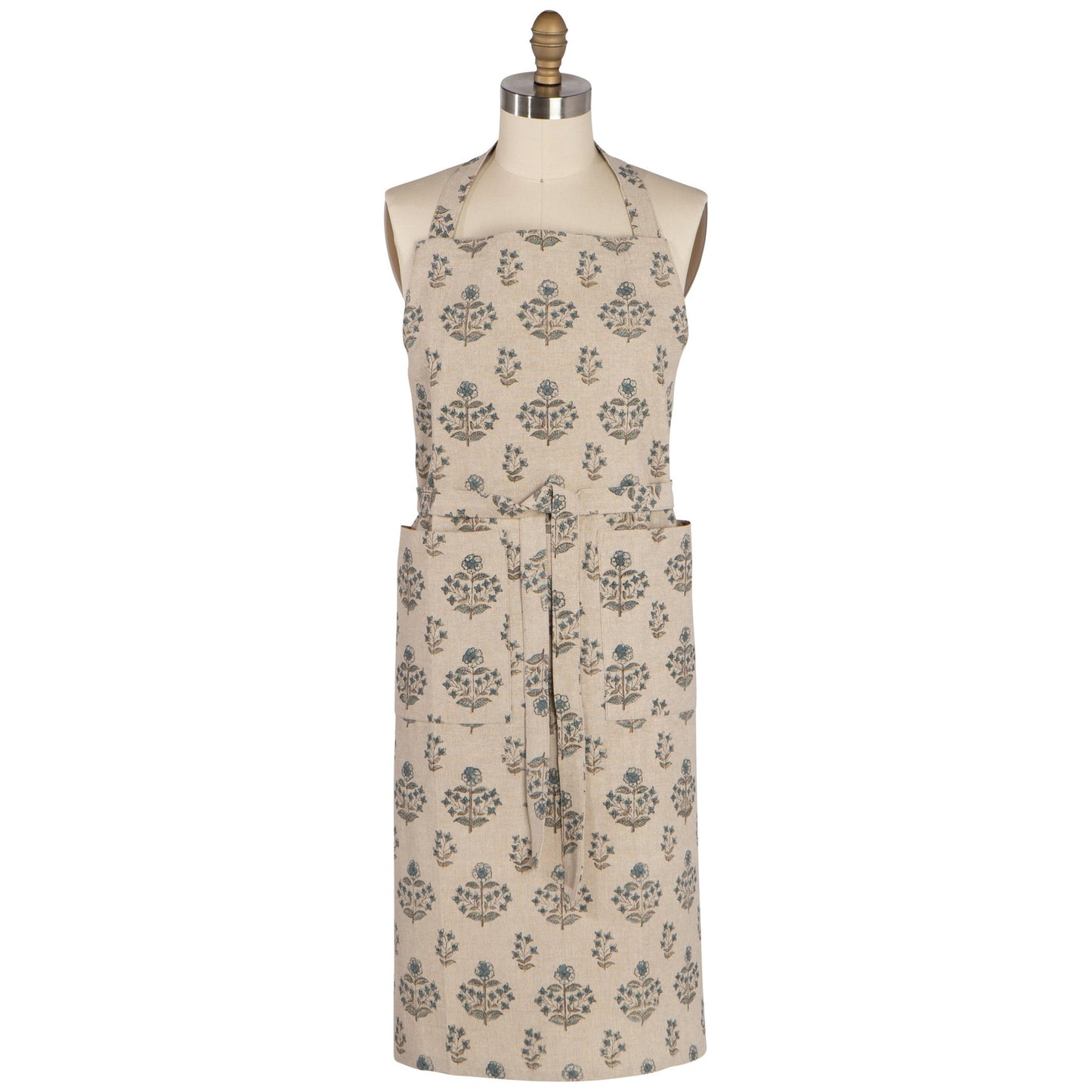Block print apron in Salvia: cream with navy and teal floral motif, front pocket
