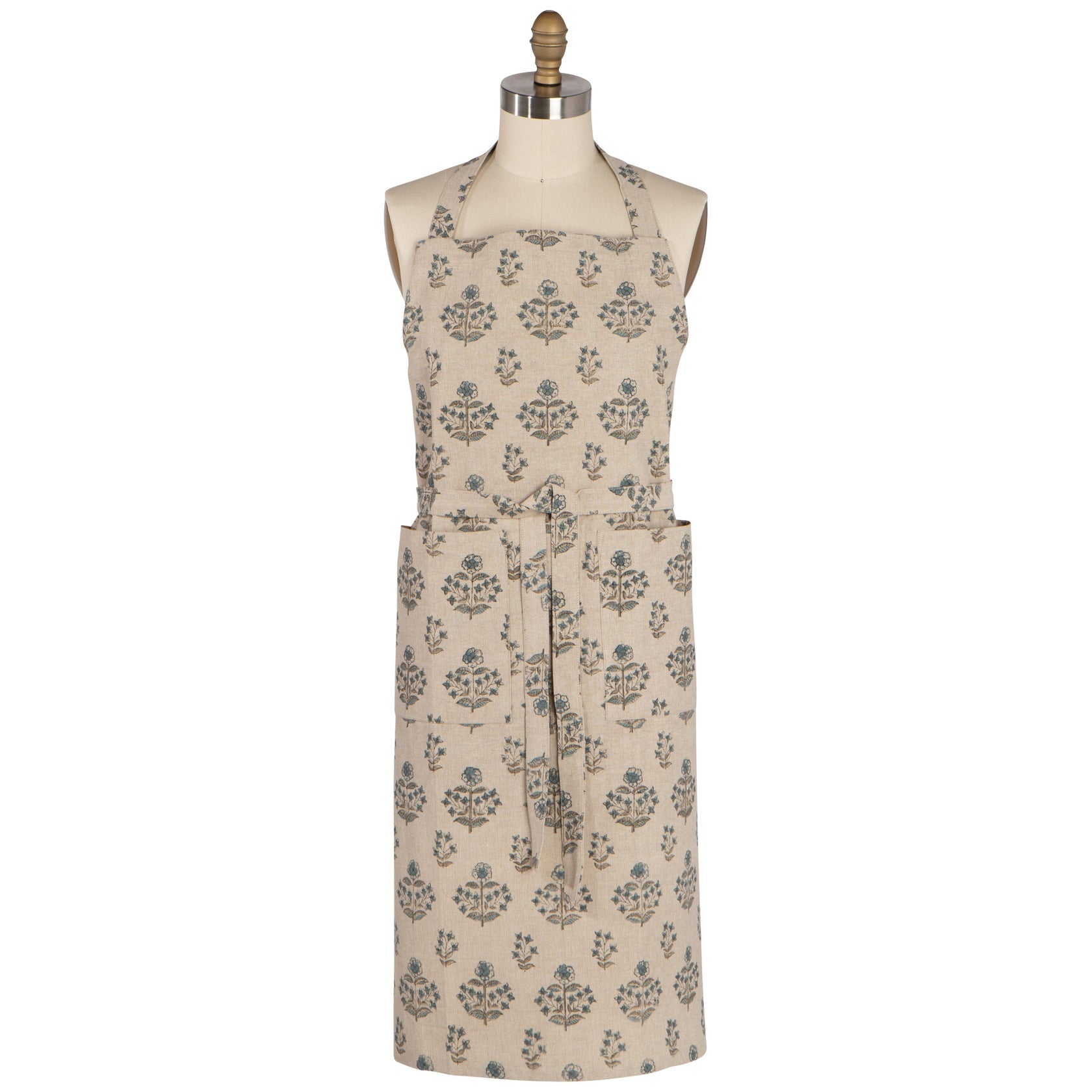 Block print apron in Salvia: cream with navy and teal floral motif, front pocket