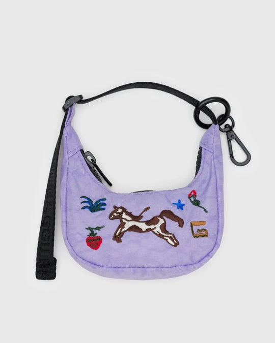 Lavender embroidered crescent bag charm with black drawstring loops