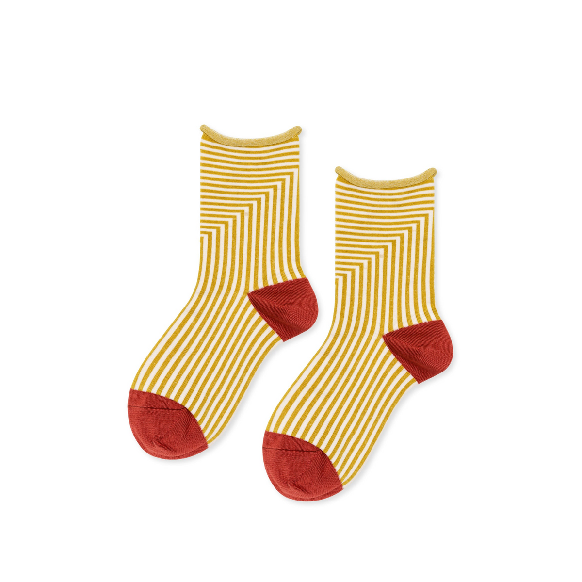 Striped crew socks with yellow knit and red toe, heel, and cuff