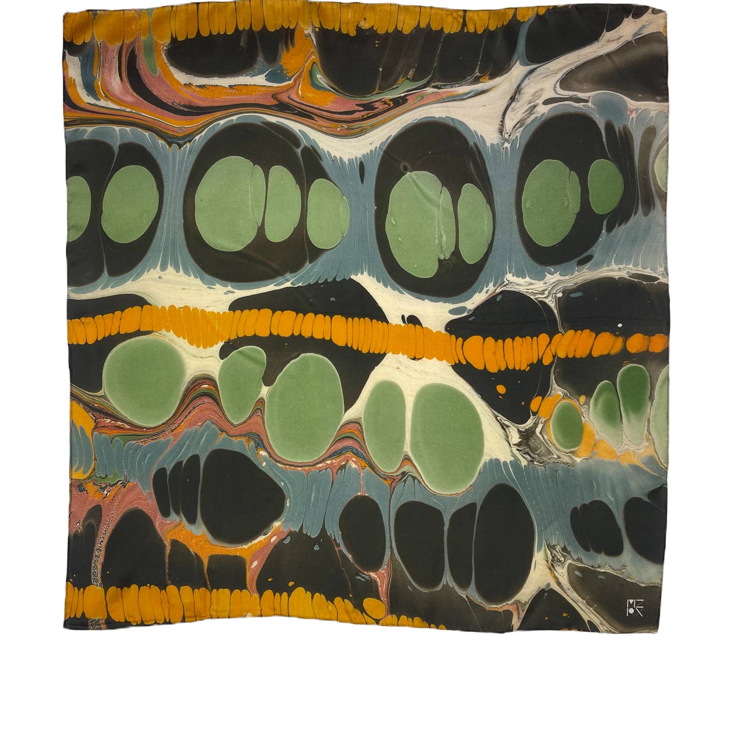 Chaos bandana with abstract swirl pattern in green, black, orange, and yellow
