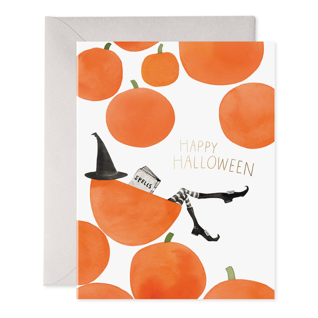 Halloween greeting card with orange pumpkins, witch silhouette, and 'Happy Halloween' lettering