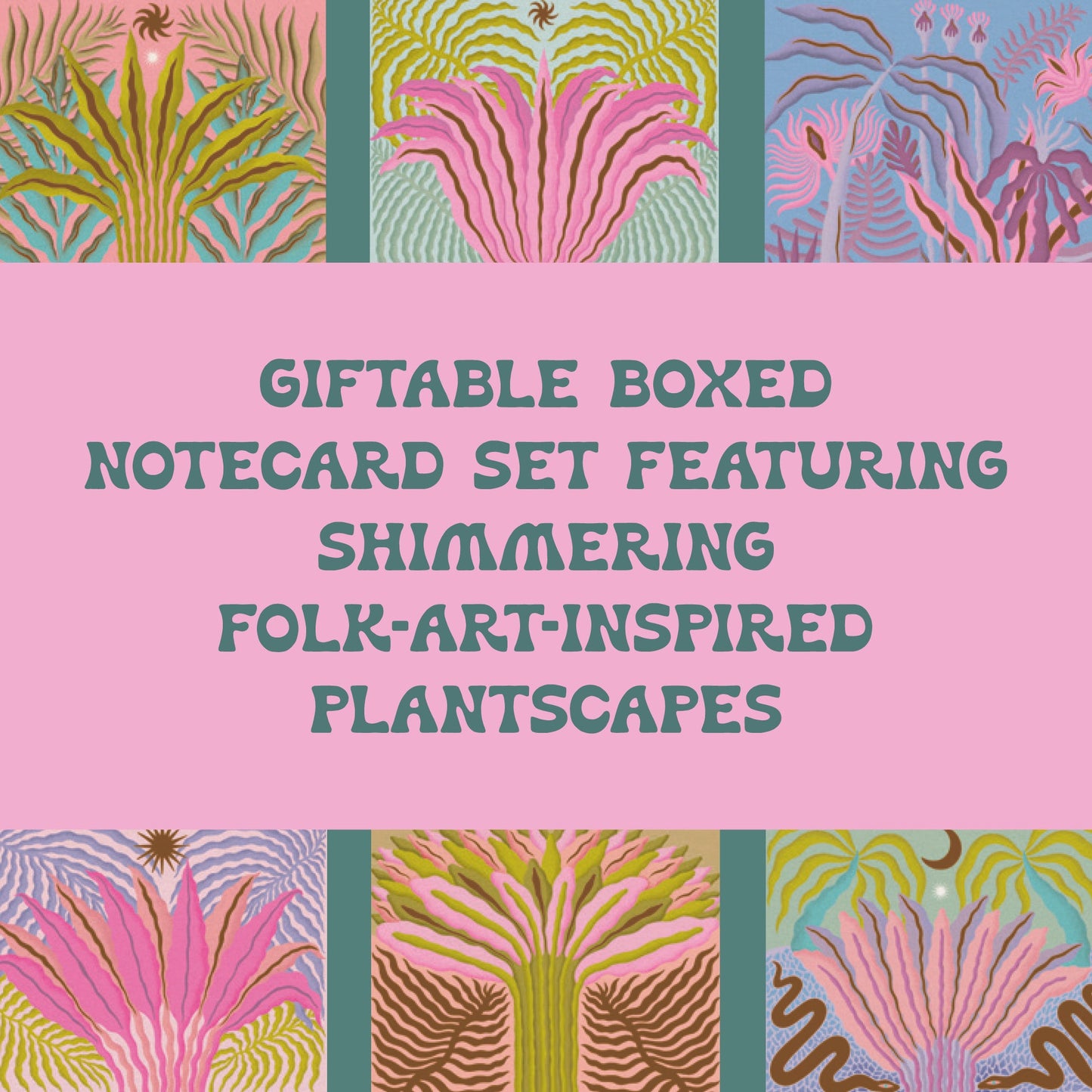 Giftable boxed note card set featuring shimmer-ink foliar plantscape designs