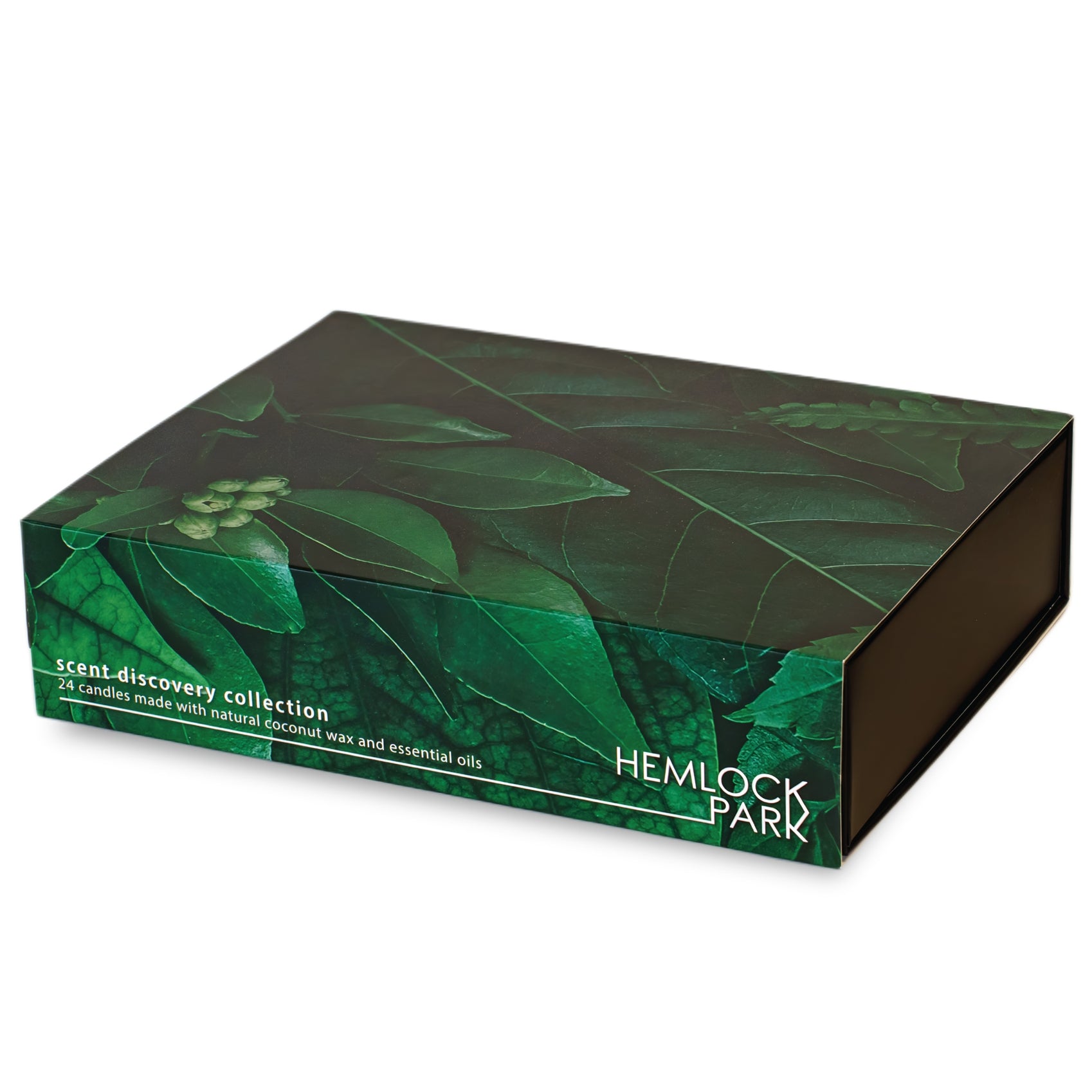Closed green leaf box for 30 tea-light scent discovery, HEMLOCK PARK