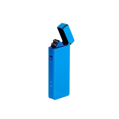 Slim USB lighter in bright blue with flip-top open and ignition parts visible.