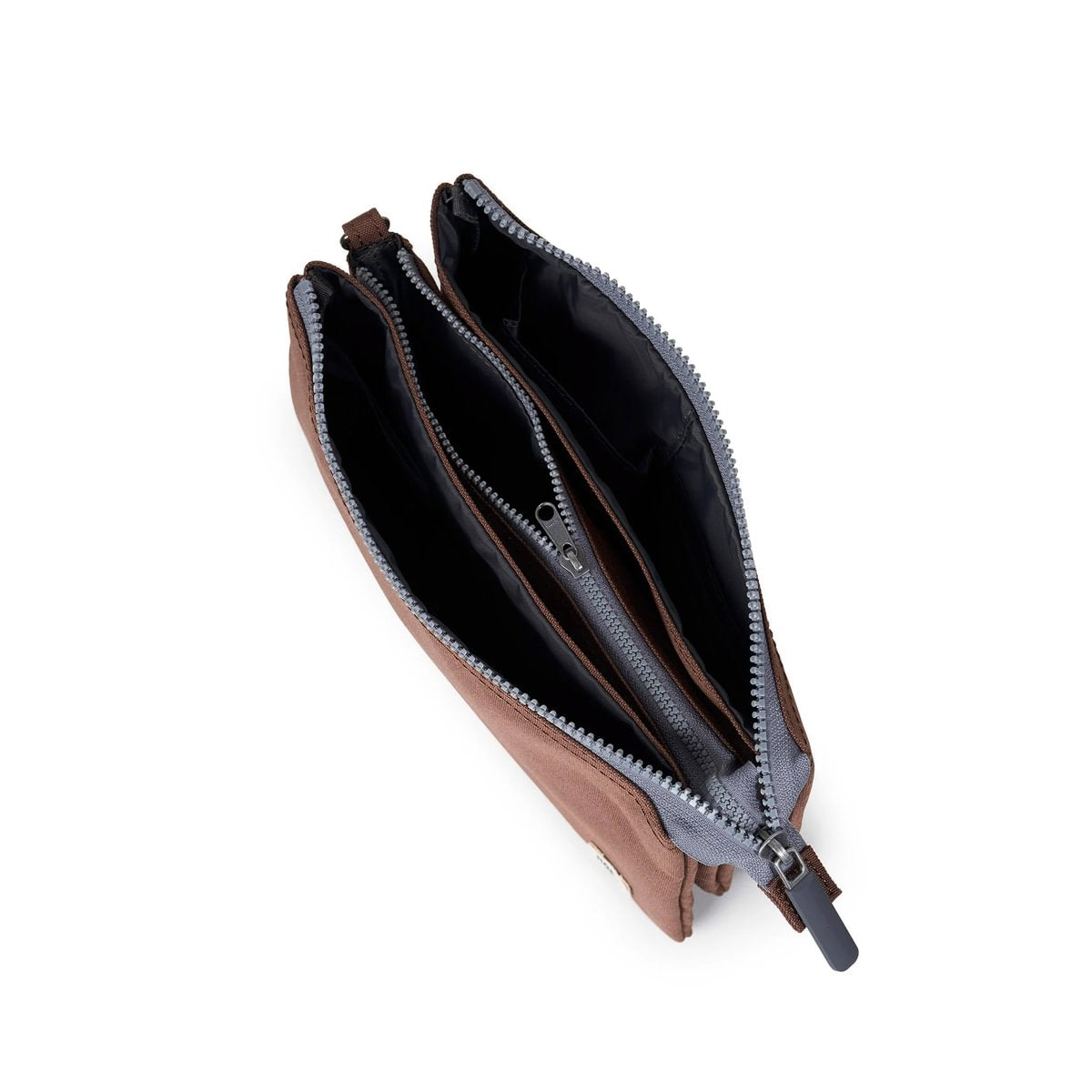 Medium canvas zipper pouch open, showing dark lining and zipper compartments