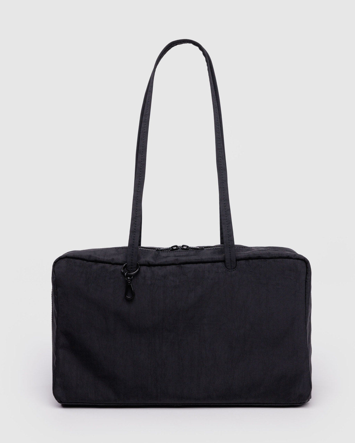 Black nylon bowler bag with top zip and short handles