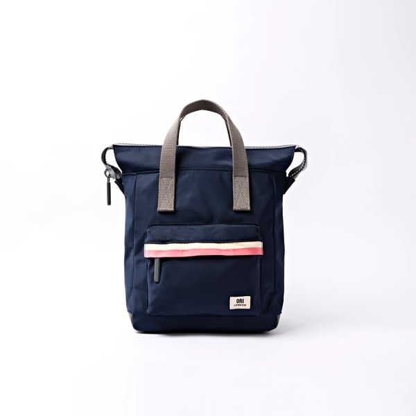 Small Bantry B recycled nylon backpack, dark navy with front zip pocket and top handles