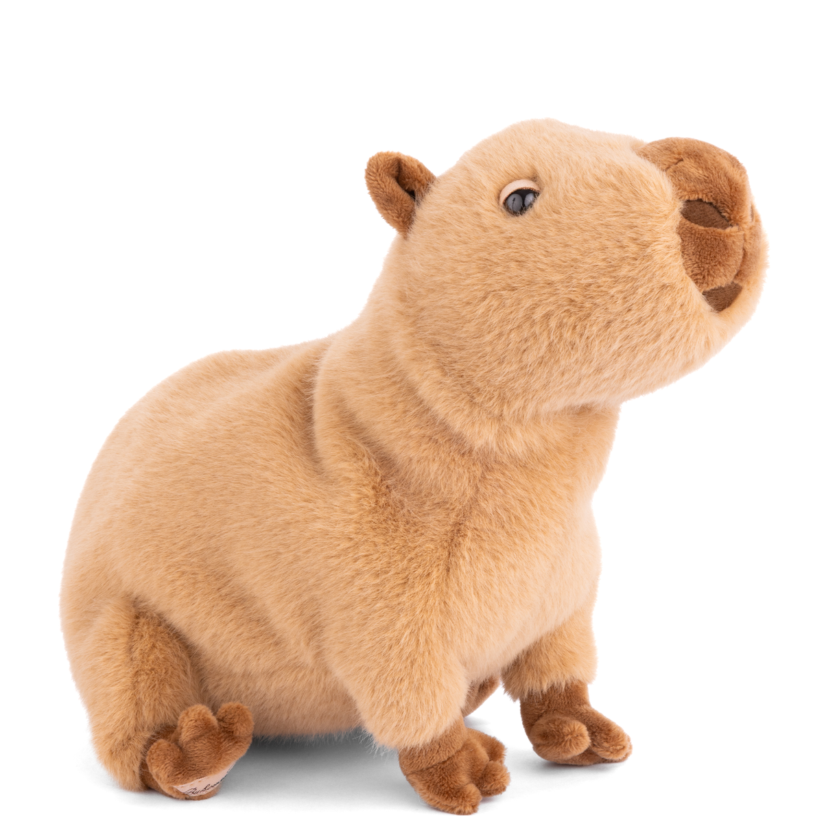 Capybara plush toy in tan with darker ears and paws, standing pose