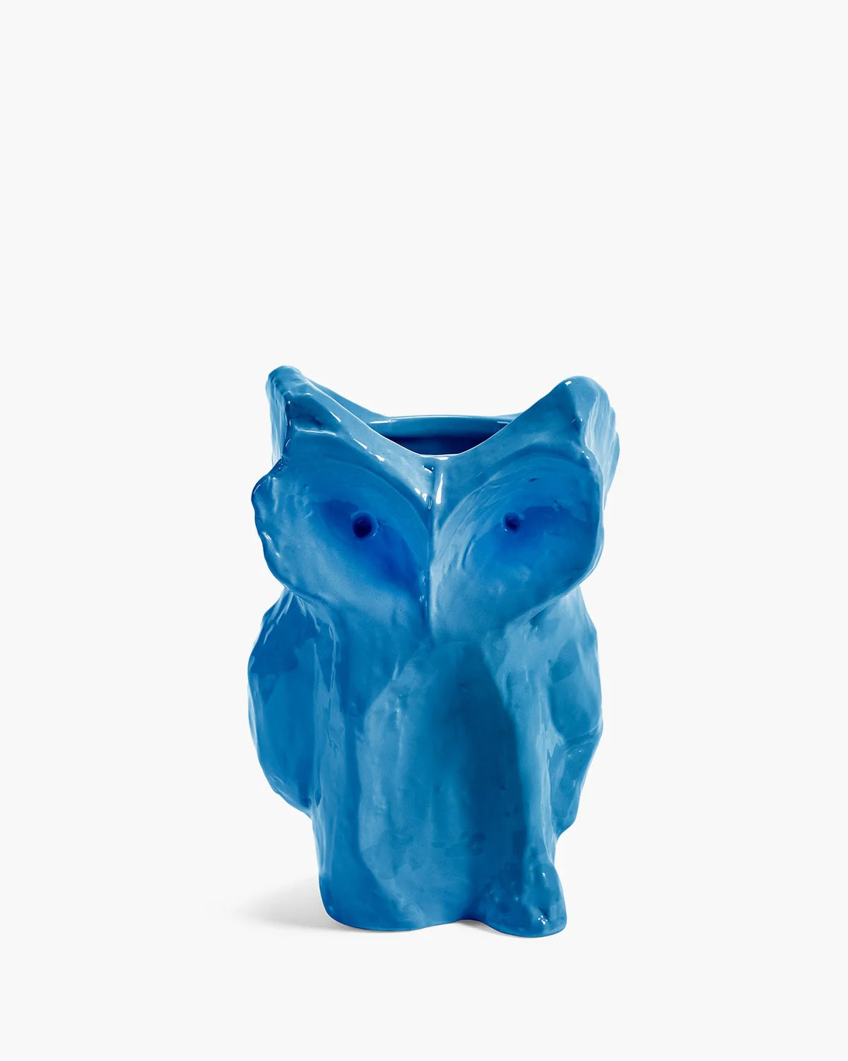 Glazed blue owl vase with sculpted wings and hollow opening on top