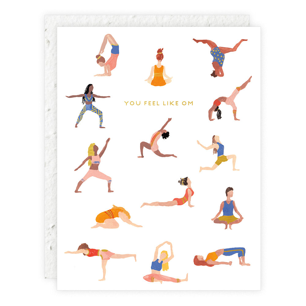 Friendship card with yoga pose illustrations and orange text reading “YOU FEEL LIKE OM”