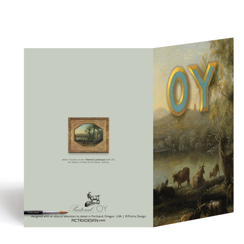 Greeting card showing countryside scene with inset details and “OY” on cover panel