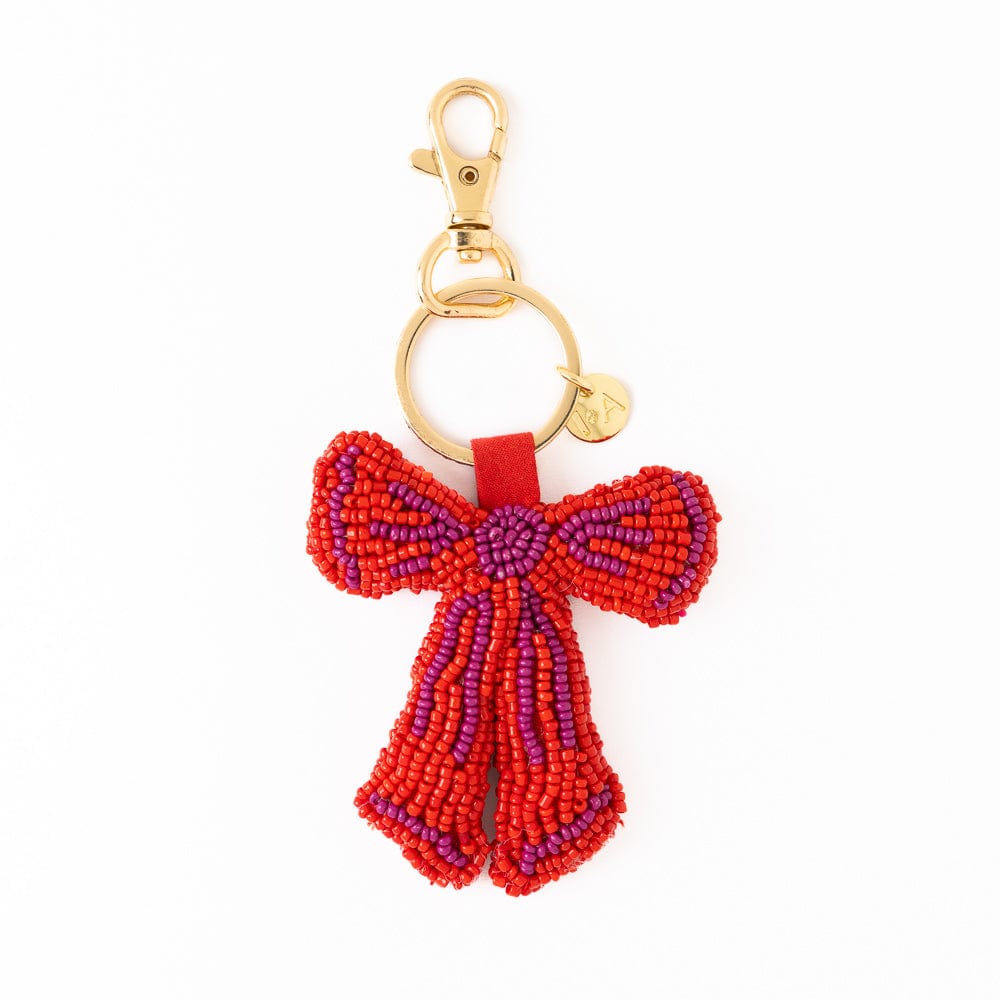 Beaded bow bag charm with red beaded bow and gold clasp