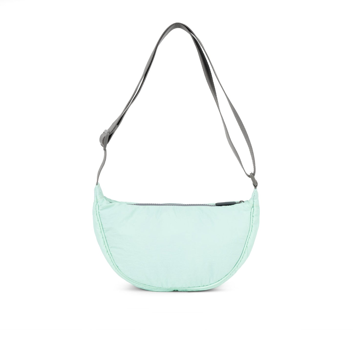 Mint half-moon bag with gray strap loops and rounded side profile.