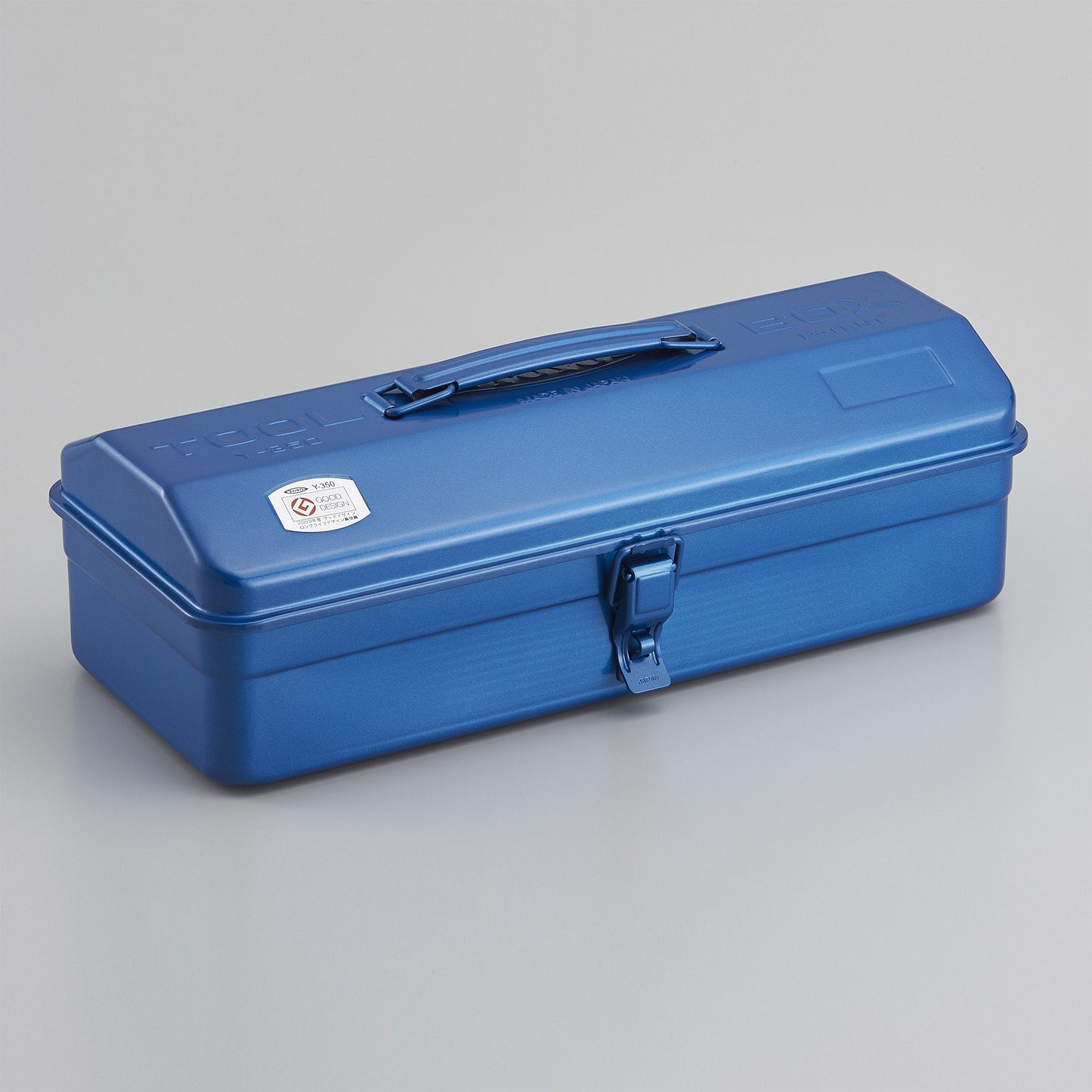 Blue steel toolbox with top handle and camber lid, metal latch closures