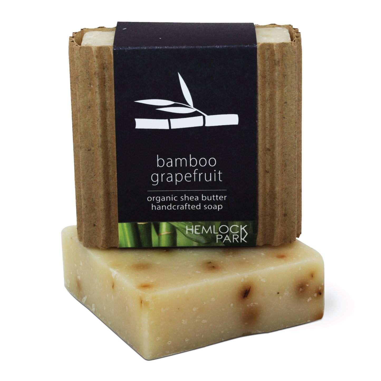 Bamboo grapefruit organic shea butter soap bar, creamy beige color with dark label wrap