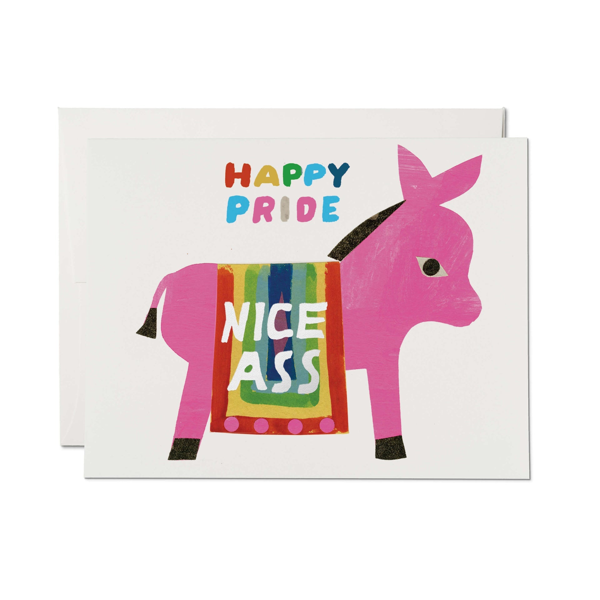 Pride greeting card with pink animal, rainbow block, and text "HAPPY PRIDE" "NICE ASS"