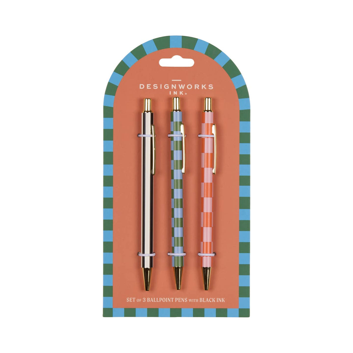 Ballpoint pen set with three striped and checked ballpoint pens, black ink