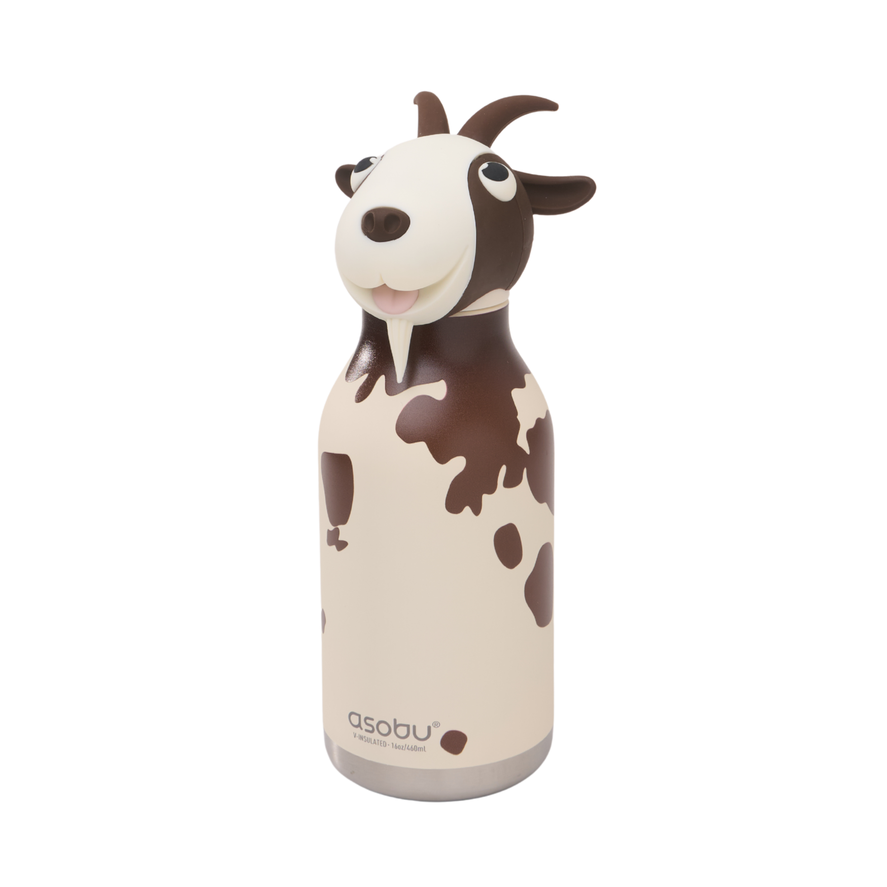 16oz goat character drink bottle, white with brown-and-beige design