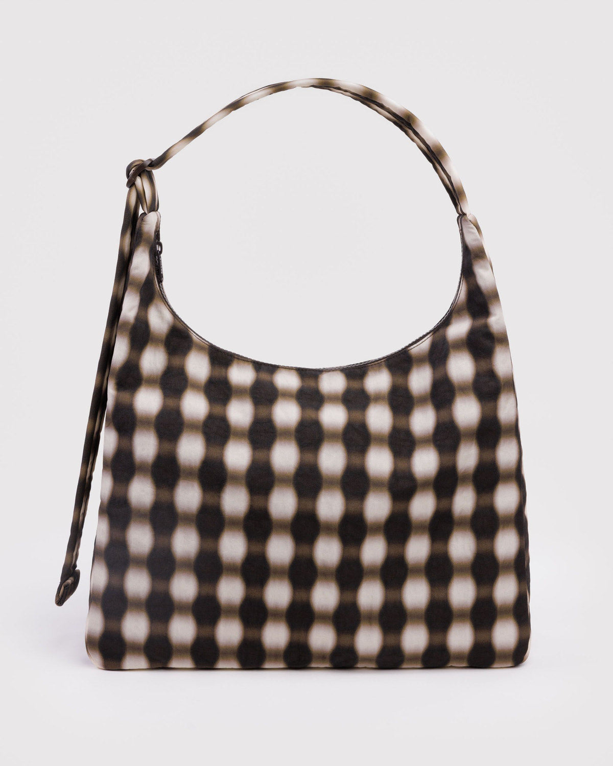Brown and black gingham nylon shoulder bag with curved top handles