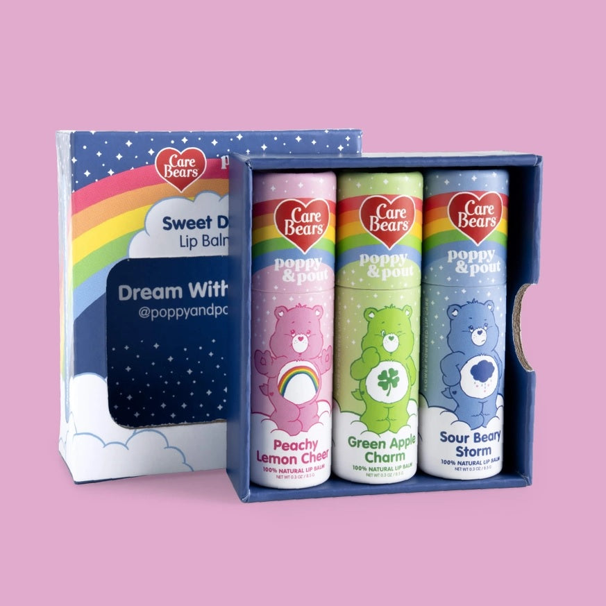 Lip balm trio in open gift box with Peachy, Green Apple, Sour Berry tubes