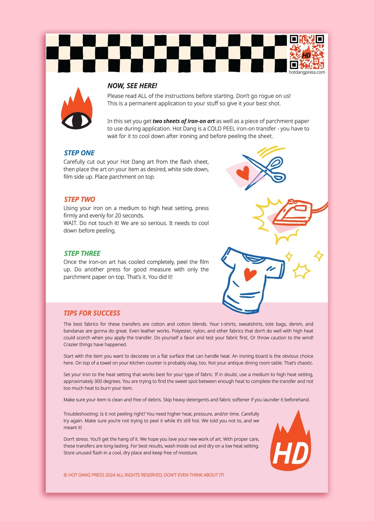 Iron-on transfer sheet back with care instructions and step-by-step directions
