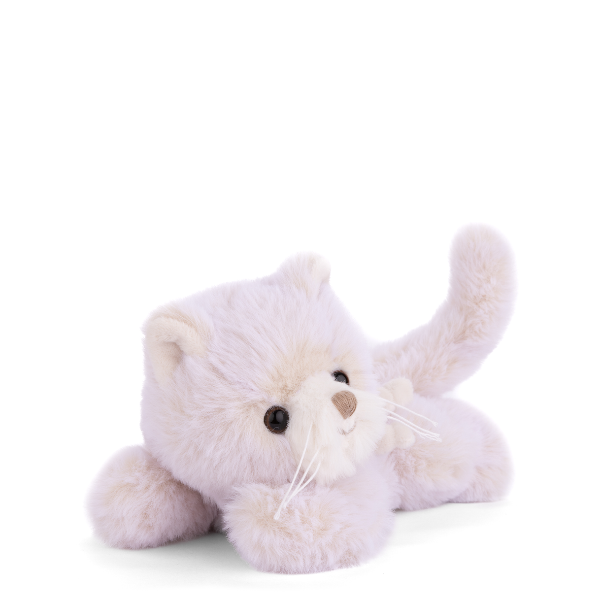 White plush cat with long whiskers, lying on its side, soft fuzzy texture