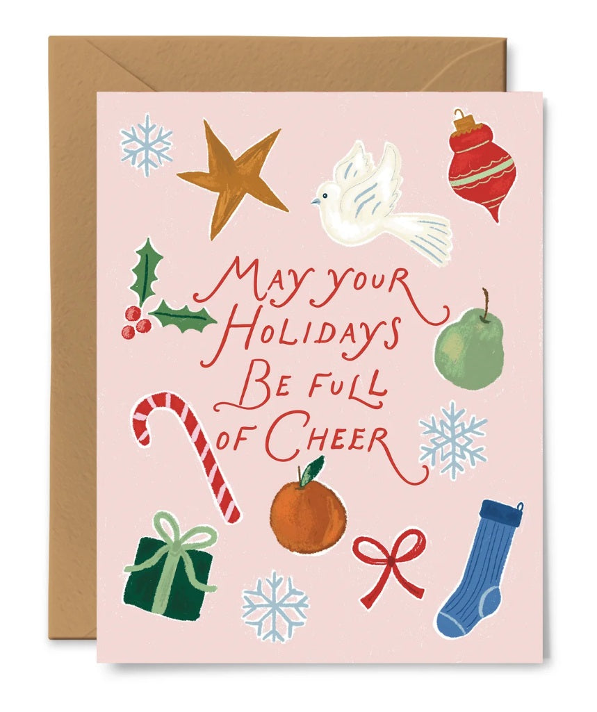 Holiday greeting card with ornaments, candy cane, dove; reads 'May your Holidays Be Full of Cheer'.
