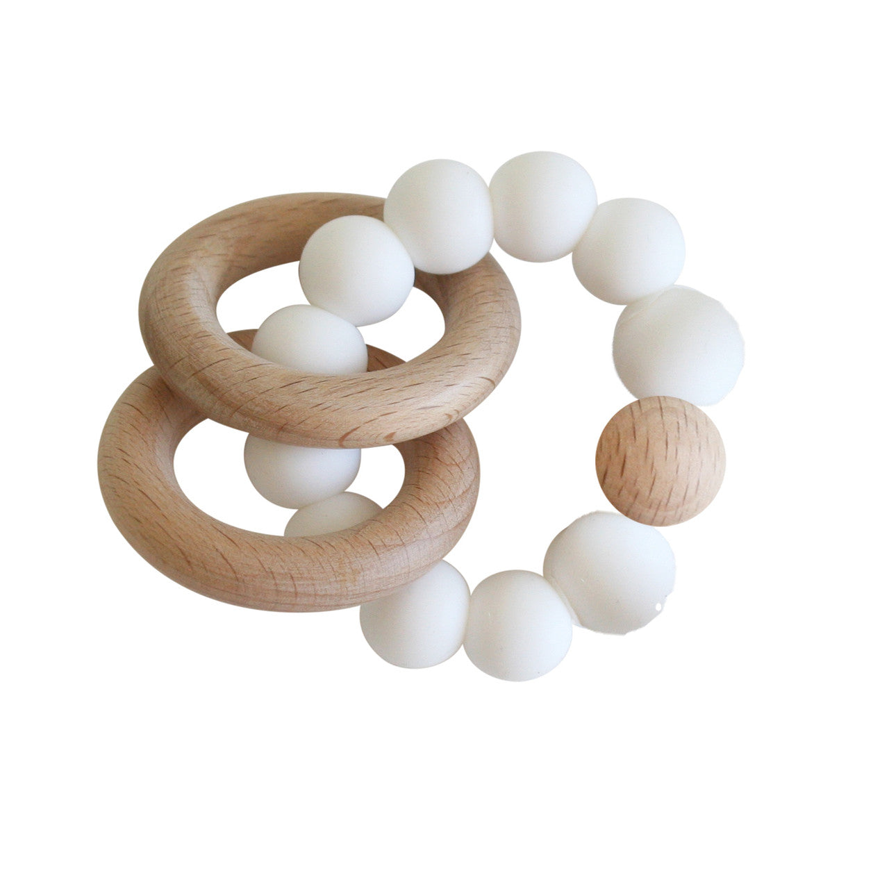 Beechwood teether rings in milk with white silicone balls and wooden loops