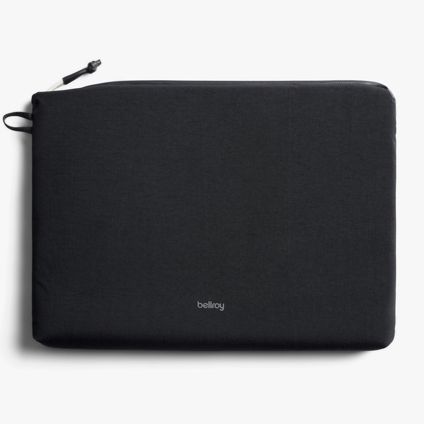 Black laptop sleeve pouch with zipper and brand logo on front